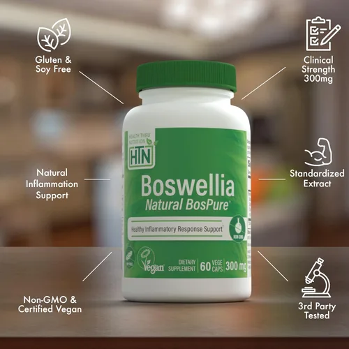Vista 4 de Health Thru Nutrition Boswellia 300 mg 60 cápsulas como Bospure AKBAMAX Alta potencia 75% ácidos boswélicos 10% AKBA Apoyo de movilidad