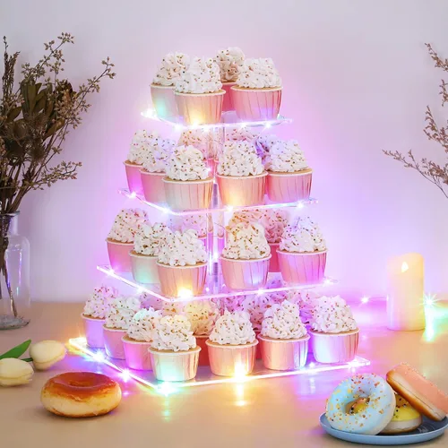 Vista 7 de Suneerplay Soporte para cupcakes de 4 niveles con cadena de luz LED, soporte de exhibición de cupcakes de acrílico, soporte cuadrado para torre
