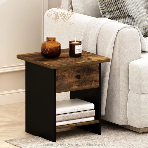 Vista 2 de Furinno Dario - Mesa auxiliar / estante de almacenamiento de noche con cajón de contenedor, pino ámbar/negro, 1 paquete, contenedor superior