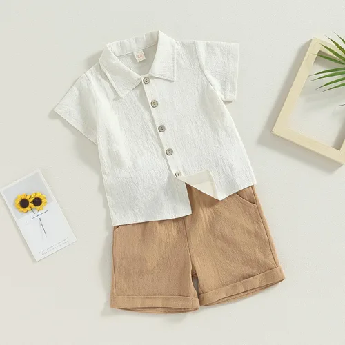 Vista 4 de Karuedoo Conjunto de 2 piezas de ropa de algodón y lino de manga corta con botones y pantalones cortos para el verano A-beige Marrón