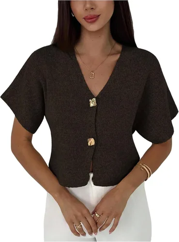 Vista 25 de SOLY HUX Cárdigan de manga corta con cuello en V para mujer Caqui liso.
