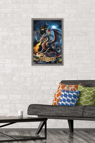 Vista 2 de Trends International PD Moreno - Póster de pared de castillo de dragón, 22.4 pulgadas de largo x 14.7 pulgadas, versión enmarcada en madera