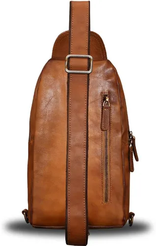 Vista 3 de Mochila bandolera de piel auténtica para hombre, mochila de senderismo, vintage, hecha a mano, con hombros en el pecho, mochila de riñonera
