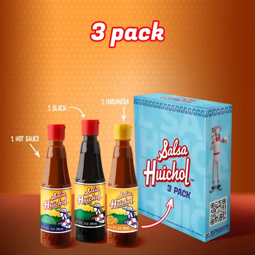 Vista 3 de Salsa Huichol Mezcla de 3 unidades – (1 original, 1 Negra, 1 Habanera) – Auténtico sabor picante – 0 calorías, sin azúcar ni grasa – Ideal