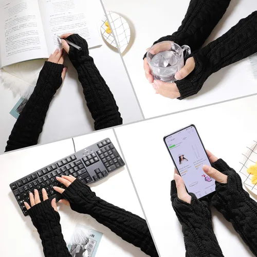 Vista 6 de Bellady Guantes de invierno para mujer, cálidos sobre el codo, guantes largos sin dedos con agujero para el pulgar, guantes de punto para calentar