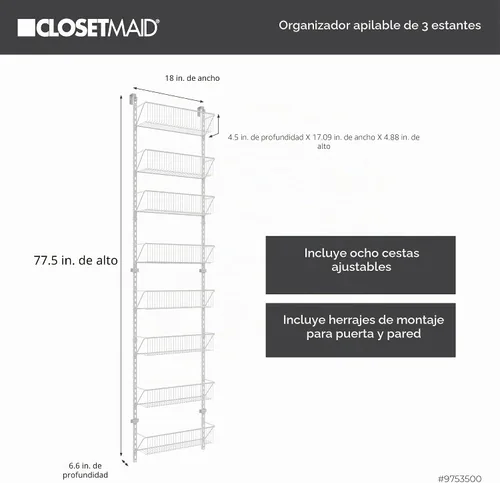 Vista 4 de ClosetMaid 97535 Organizador de cesta ajustable para pared y puerta de 8 niveles, 18