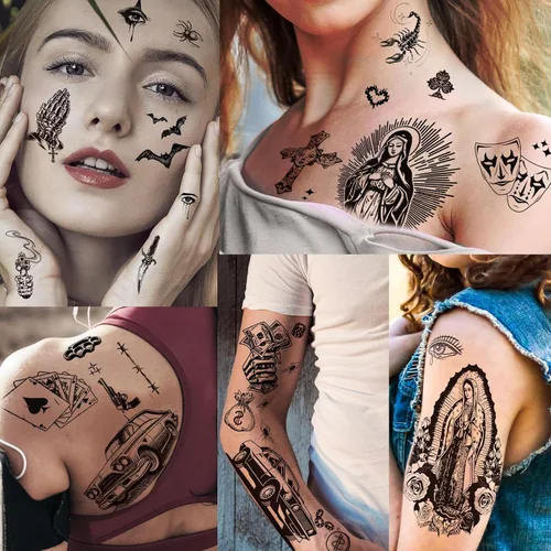 Vista 6 de 12 Hojas de Tatuajes Temporales Chicanos Grandes, Tatuajes Temporales Cholo y Chola, Tatuajes Falsos de Gángster Chicana Guadalupe Día