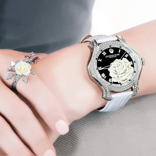 Vista 6 de JEANNIE ROSE A01 - Reloj analógico para mujer, 1.575in, diseño de una docena de rosas, color blanco