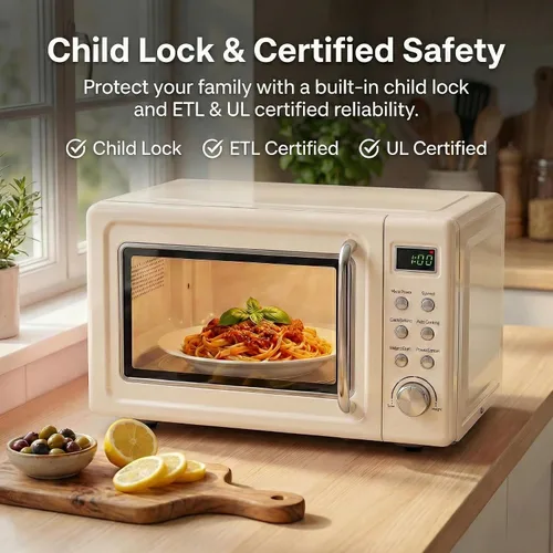 Vista 6 de SIMOE Horno microondas retro crema, 0.7 pies cúbicos microondas compacto de encimera, microondas pequeño de 700 W con pantalla LED, bloqueo