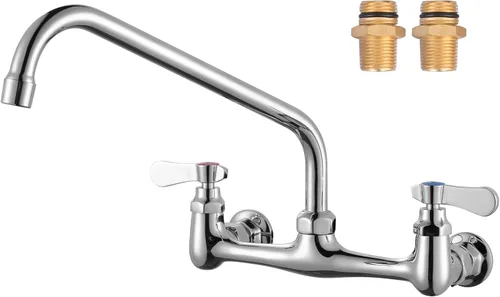 Vista 10 de Grifo de fregadero comercial con boquilla giratoria de cuello de cisne de 6 pulgadas, grifo de cocina de montaje en pared central de 8 pulgadas