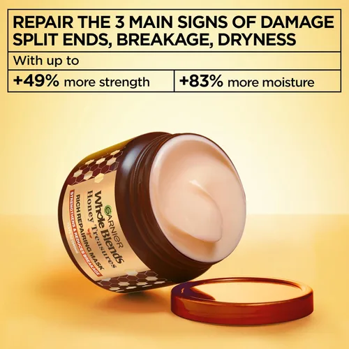 Vista 3 de Garnier Whole Blends Honey Treasures Máscara reparadora para cabello seco y dañado, 11.5 onzas líquidas, 2 unidades (el embalaje puede variar)