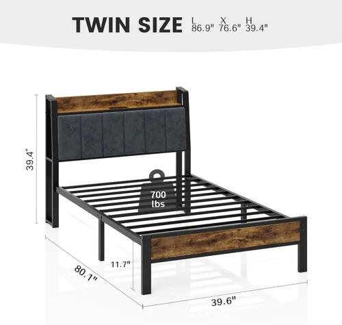 Vista 2 de Liians Base de cama de tamaño individual con cabecera de almacenamiento y estación de carga, luces LED RGB inteligentes, cama de plataforma de metal