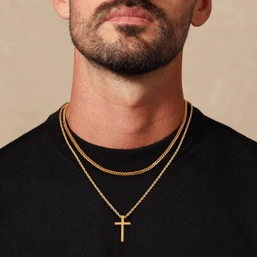 Vista 3 de LUXEJEW Collar de cruz para hombres y niños, collar con colgante de cruz de acero inoxidable dorado, plateado y negro, collar de cadena de eslabones