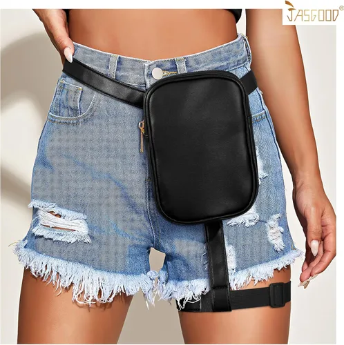 Vista 6 de JASGOOD Riñonera con arnés de muslo para mujer, bolsa de pierna caída, traje de Halloween, A-negro