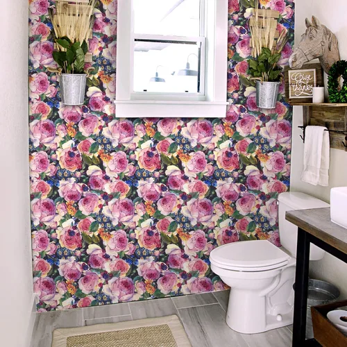 Vista 4 de VaryPaper Papel tapiz vintage floral oscuro de 17.7 x 78.7 pulgadas, diseño de peonía de acuarela, papel tapiz de flores para despegar y pegar