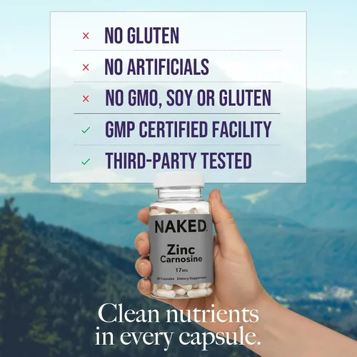 Vista 2 de Naked Zinc Carnosine - Suplemento para el revestimiento intestinal, función inmune y apoyo estomacal, vegano, sin gluten, 17 mg - 60 cápsulas
