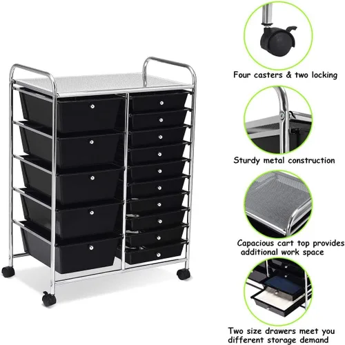 Vista 4 de Carrito de almacenamiento rodante de 15 cajones, carrito de utilidad móvil con ruedas con candado, cajones, carrito organizador multiusos para Negro