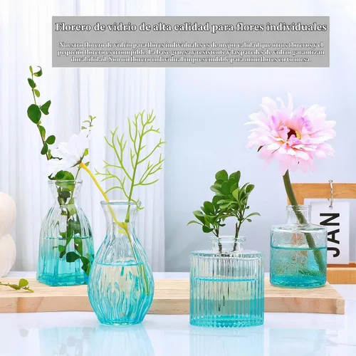 Vista 4 de Juego de jarrones de cristal Mapoxy para brotes de flores, juego de 4, jarrones azules pequeños para centro de mesa de boda, decoraciones de mesa