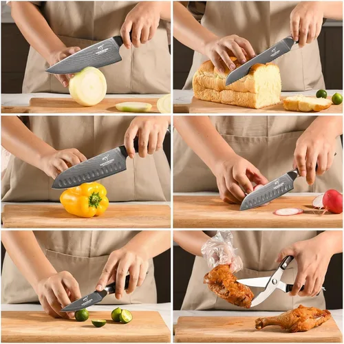 Vista 5 de NANFANG BROTHERS - Juego de cuchillos de damasco de 7 piezas con bloque, mango de madera de ébano Damasco negro titanio chapado