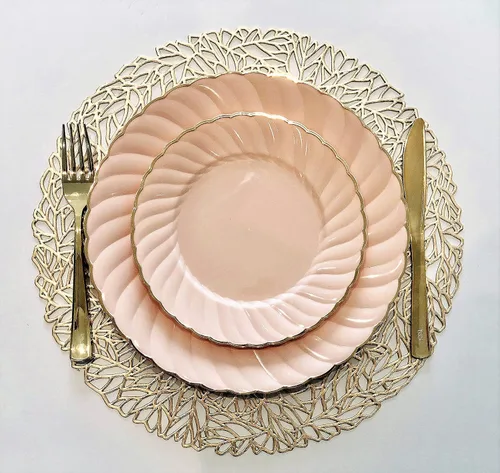 Vista 6 de Ocassions - Vajilla de 50-150-200 piezas para 25 invitados, color dorado, E1. Blossom Blush/Rosa & Oro
