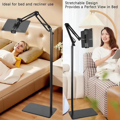 Vista 2 de Lucky Trip Soporte de suelo para tablet con base estable de doble resistencia que nunca se vuelca, altura ajustable, giratoria, soporte