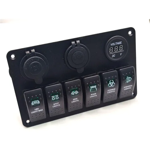 Vista 2 de Panel de interruptores para uso de barcos marinos automotrices con interruptores de 6 cuadrillas Puertos USB duales Medidor de voltaje DC12 24V