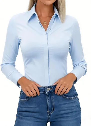 Vista 12 de Aoudery Button Down Shirts for Women Slim Fit Long Sleeve Stretch Dress Shirts Work Shirt Wrinkle Free
