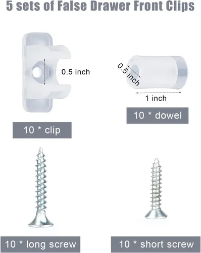 Vista 2 de Paquete de 10 clips falsos para gabinete delantero, con tornillos acrílicos falsos clips de cajón de gabinete para frentes de cocina, cajones