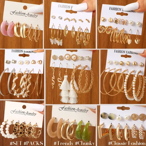 Vista 3 de Juego de 45 pares de aretes de aro dorados para niñas y mujeres, juego de aretes gruesos trenzados pequeños y grandes, aretes para mujer, paquete