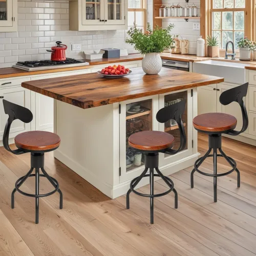 Vista 2 de Juego de 2 taburetes de bar industriales con respaldo de 23 a 33 pulgadas, asiento giratorio de madera, isla de cocina, comedor, taburete