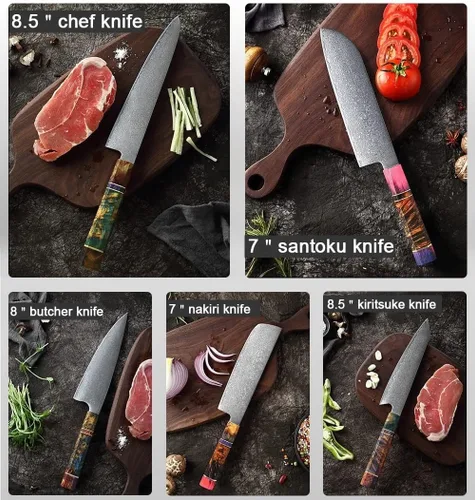 Vista 3 de ZZYY - Juego de 9 cuchillos japoneses de acero de Damasco con mango de madera solidificada, cuchillos Nakiri, cuchillo de chef Santoku, cuchillo