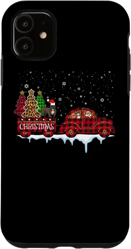 Vista 5 de Funda para iPhone 15 Pit Bull Dog Christmas Red Plaid Truck Santa Christmas Tree