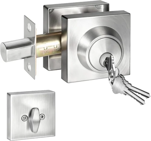 Vista 9 de Cerradura cuadrada de un solo cilindro moderno con llaves, cerrojo negro mate para entrada de puerta delantera, cerradura de seguridad de puerta