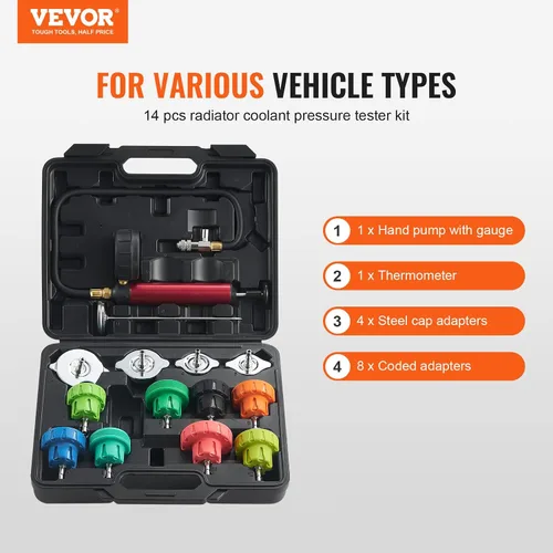Vista 2 de VEVOR Kit de probador de presión de radiador para sistema de refrigeración automotriz, kit de probador de presión de radiador de 14 piezas con bomba