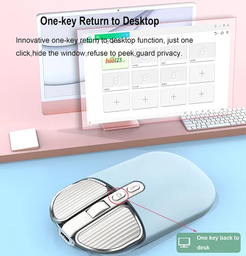 Vista 6 de Ratón recargable inalámbrico de 2.4G con receptor USB, un clic para volver al escritorio, botón de silencio, ahorro de energía, 2400 DPI óptico