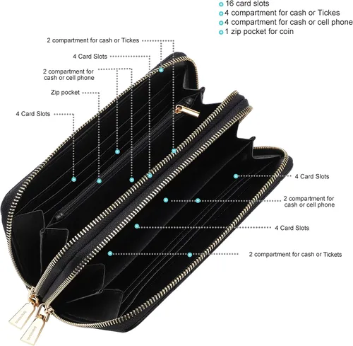 Vista 4 de Cartera de piel vegana con doble cremallera y correa de sujeción de mano, Chevron Bordado Negro