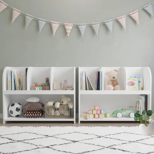 Vista 5 de Estantería para niños, estante de almacenamiento con 4 compartimentos, organizador de libros para niños, gabinete organizador de libros