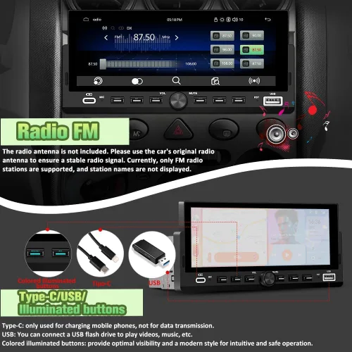 Vista 7 de Estéreo Universal Single Din para Automóvil con CarPlay Inalámbrico y Android Auto, Unidad Principal de Pantalla Táctil IPS de 6.86" con Cámara