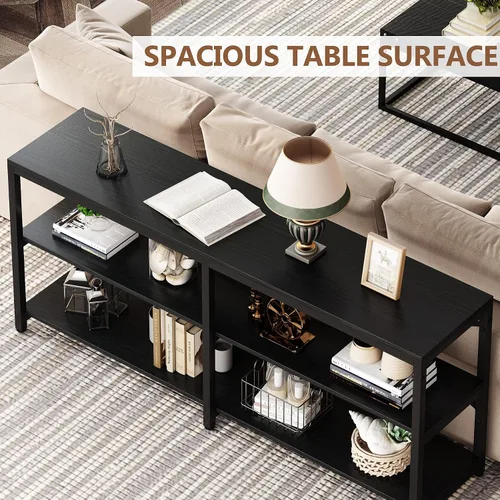 Vista 5 de Tribesigns Mesa Consola Extra Larga de 70.9 Pulgadas, Mesa de Sofá Moderna Detrás del Sofá con Estantes de Almacenamiento, Mesa Industrial de 3