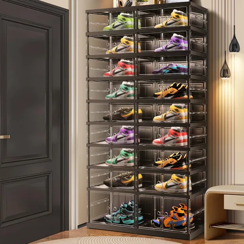 Vista 19 de CIMLORD Estante de zapatos plegable de 3 niveles para armario y entrada, 3-6 pares, cajas de almacenamiento de zapatos apilables transparentes