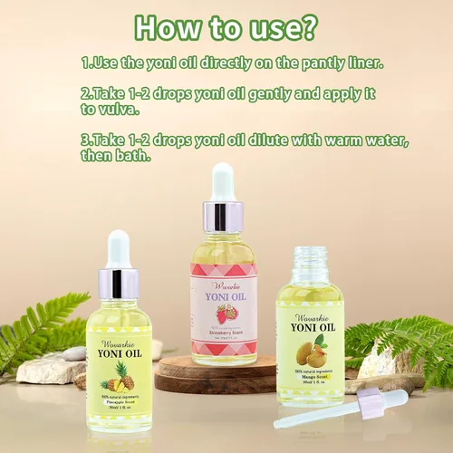 Vista 2 de Wovarkie 3 paquetes de aceite Yoni para mujeres, aceite femenino íntimo 100% natural para desodorante femenino, elimina el olor y equilibra el pH