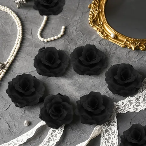 Vista 7 de 20 piezas de flores de cabeza de rosa negra sin tallo, flores artificiales para decoración de bricolaje, rosa de seda de 3 pulgadas para boda