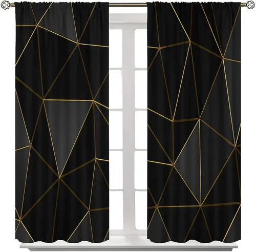 Vista 69 de Cortinas Negras con Dobladillo Dorado, Cortinas Opacas con Bolsillo para Barra con Estampado de Rayas de Foil en Onda Dorada para Decoración de Negro