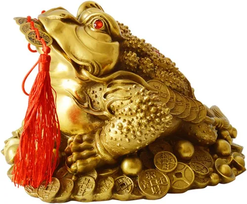 Vista 3 de Rana de dinero Feng Shui de latón de tres patas, riqueza tradicional, estatua de sapo de dinero con juego de 5 monedas de buena suerte, monedas
