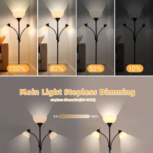 Vista 2 de Lámparas 3 en 1 para sala de estar, lámpara de pie con 2 luces de lectura ajustables, lámparas de pie con atenuación continua, 3 bombillas LED