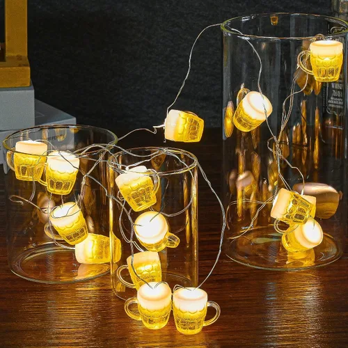 Vista 2 de Guirnalda de luces para taza de cerveza, USB y funciona con pilas con control remoto de 10 pies, 15 luces LED para taza de cerveza para el día