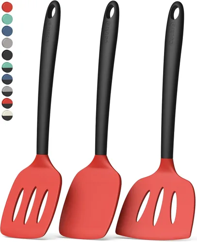 Vista 12 de Coukre Juego de 3 espátulas de silicona, resistentes a altas temperaturas, sin BPA, espátulas para pescado, mango sólido y ranurado para sartenes