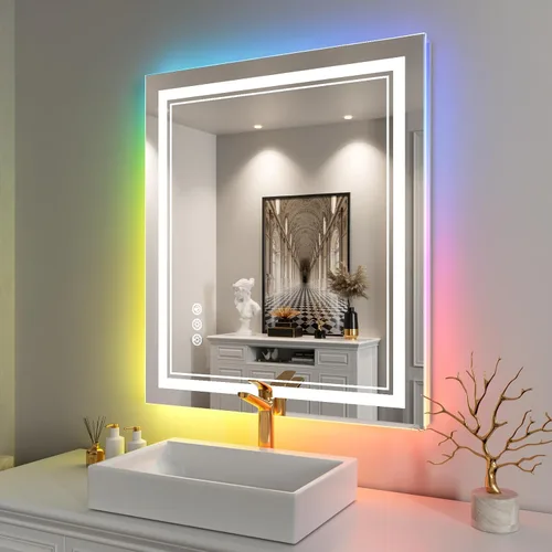 Vista 37 de Espejo de baño LED de 24 x 28 pulgadas, luz frontal y retroiluminada, antiniebla, regulable, espejo de tocador iluminado con memoria, espejo LED
