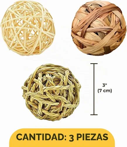 Vista 7 de SunGrow Paquete de 3 bolas masticables de conejo, juguete de dentición de hierba surtida para mascotas de bolsillo pequeñas, soporte de desgaste
