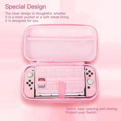 Vista 4 de Sakura - Kit de accesorios de transporte de viaje rosa, funda de transporte rosa compatible con Nintendo Switch. Funda protectora rígida rosa